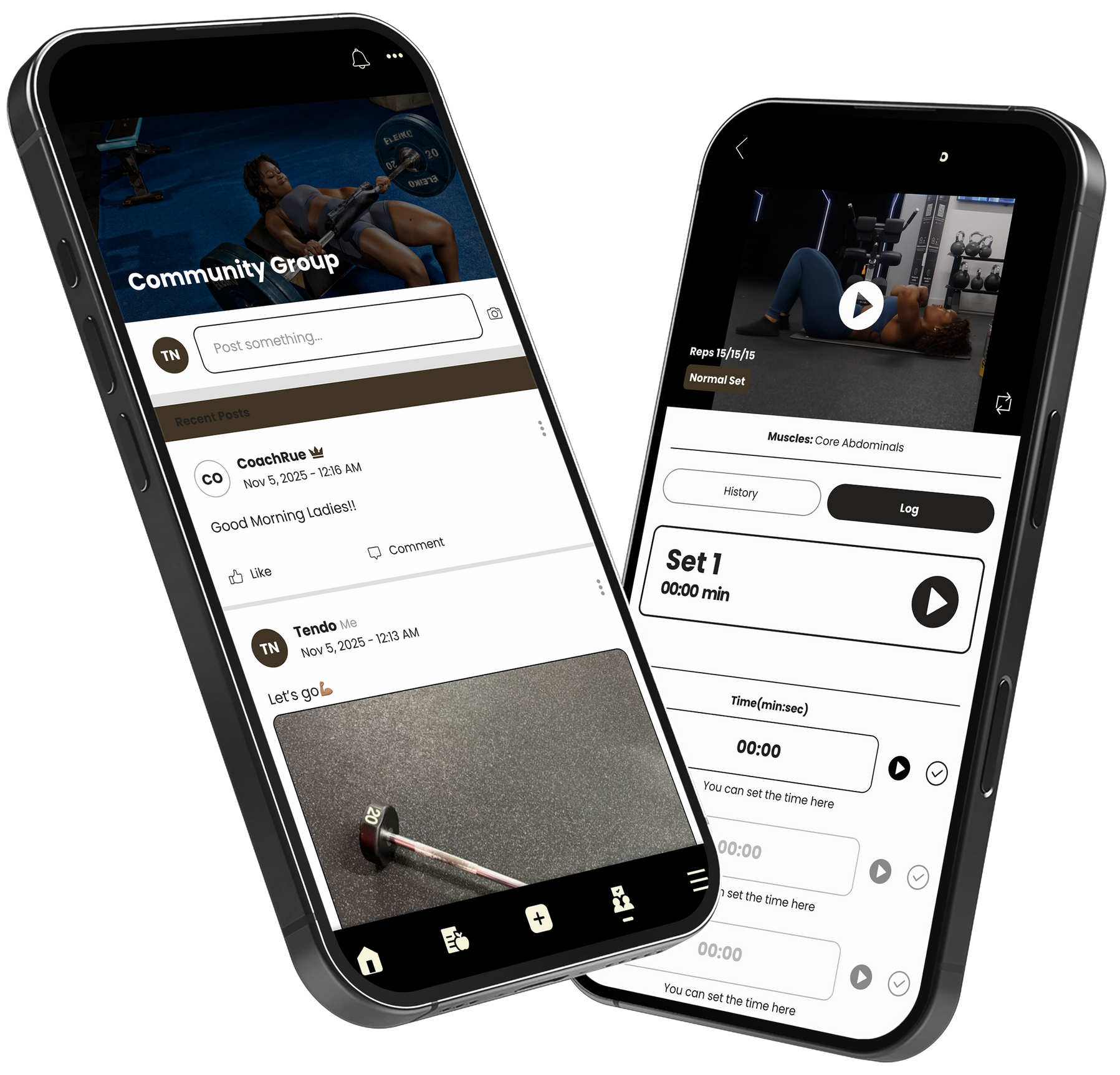 Two smartphones displaying a fitness app interface with workout videos and community features.