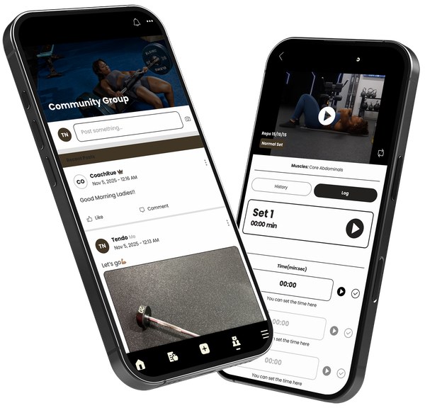 Two smartphones displaying a fitness app interface with workout videos and community features.