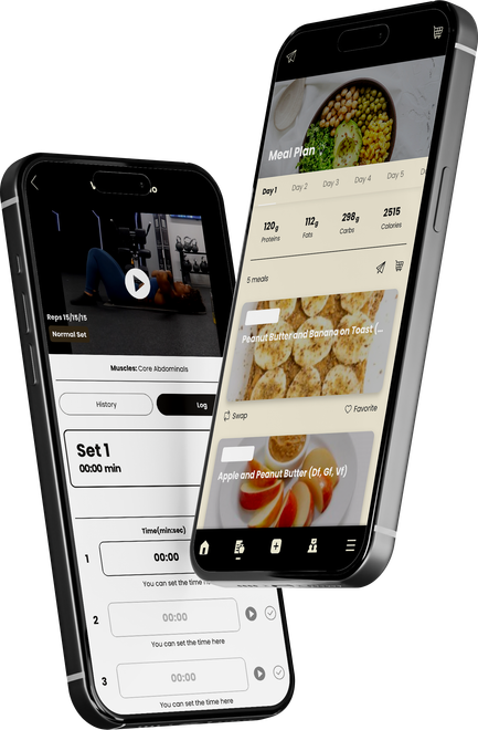 Two smartphones displaying fitness and food content, showcasing workouts and healthy recipes.