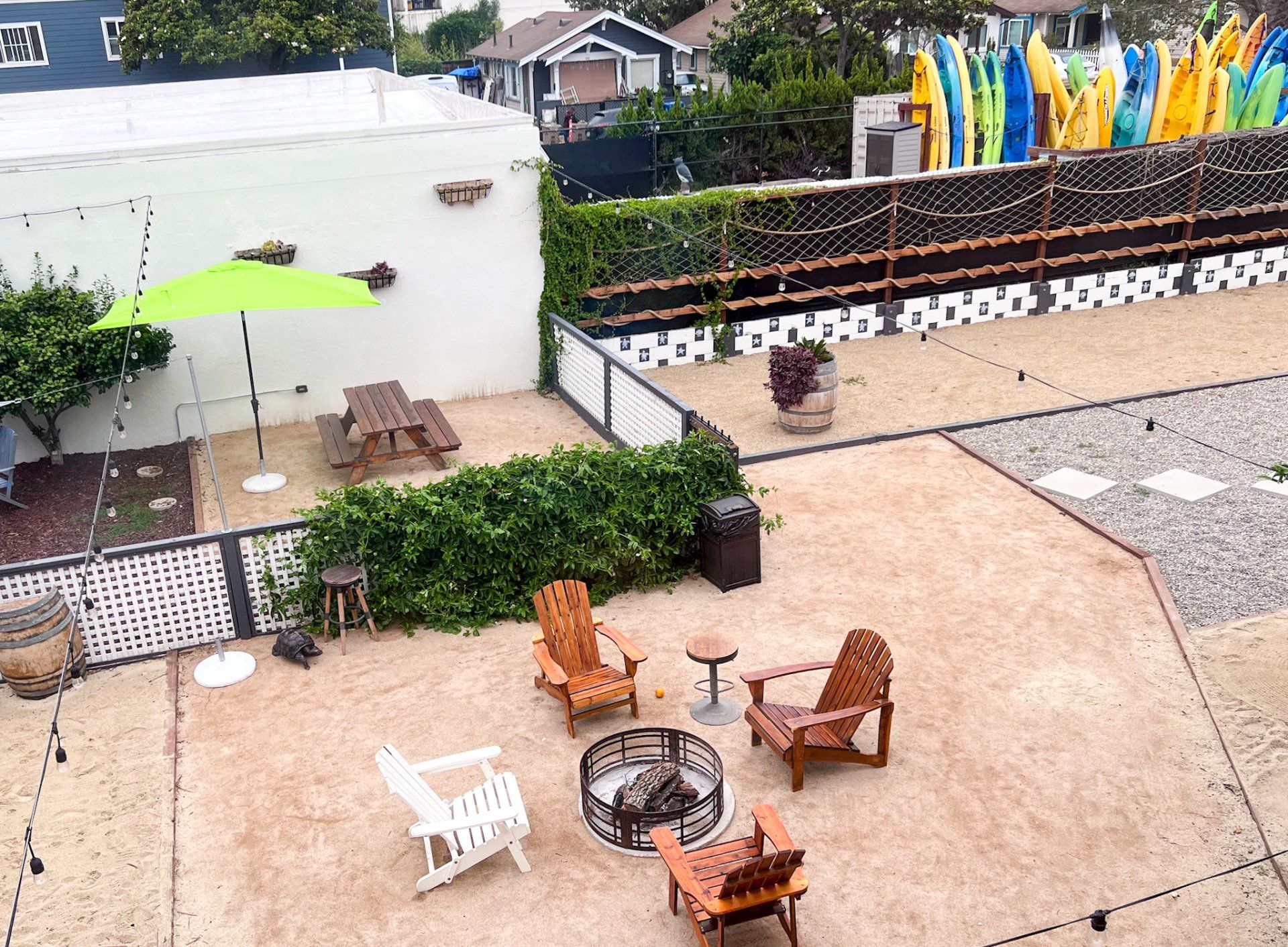 Aerial shot of our patio the furniture and fire pit.
