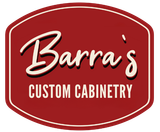 Logo for Barra's Custom Cabinetry, with white cursive text on a maroon oval, outlined in white.