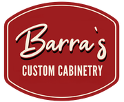 Logo for Barra's Custom Cabinetry, featuring white cursive text on a maroon background, in a rounded rectangle.