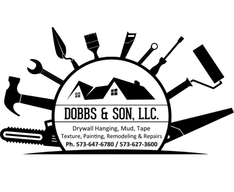 Logo for "Dobbs & Son, LLC," a home repair company. Tools surround a house icon. Company info below.