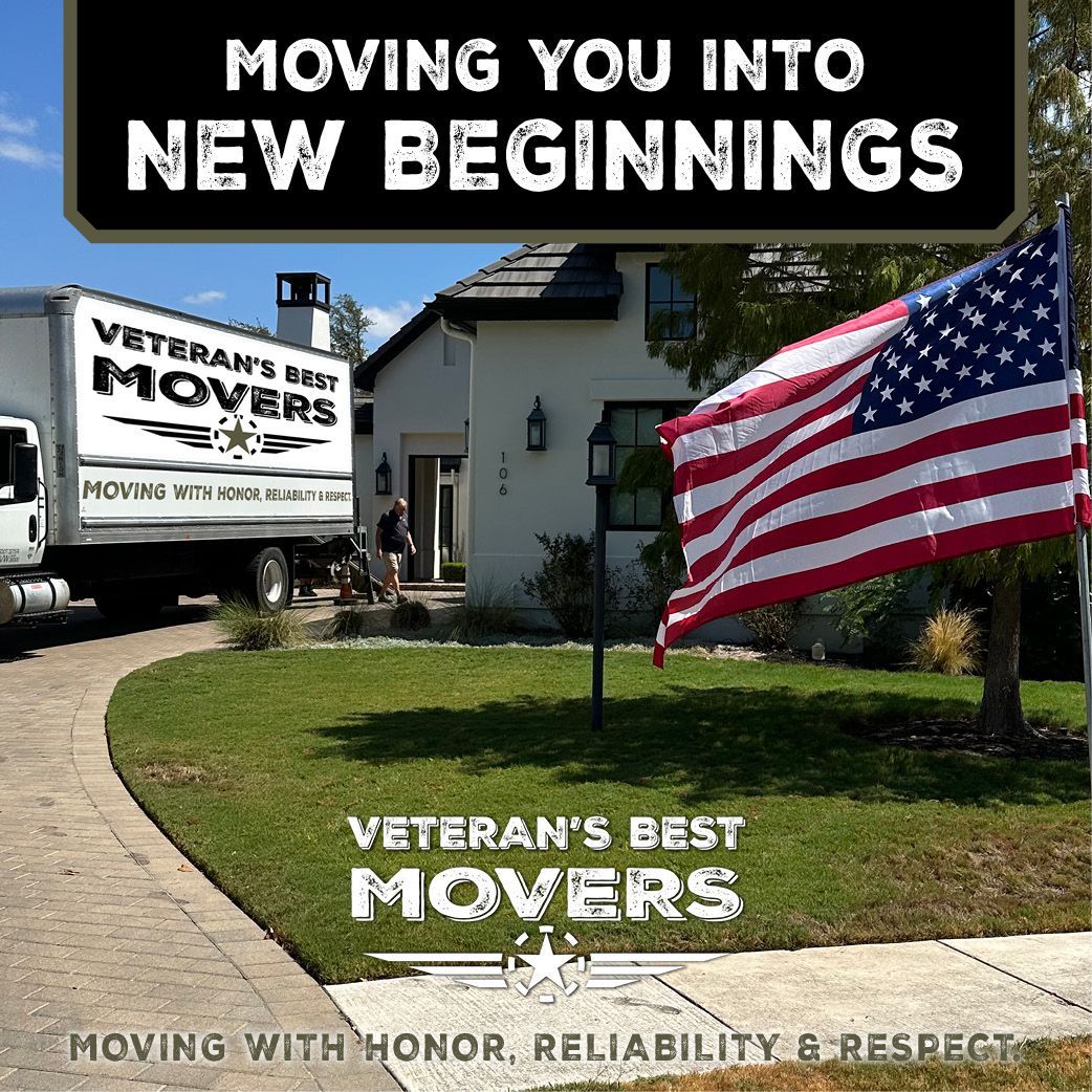 A Veteran's Best Movers truck is parked in front of a house.