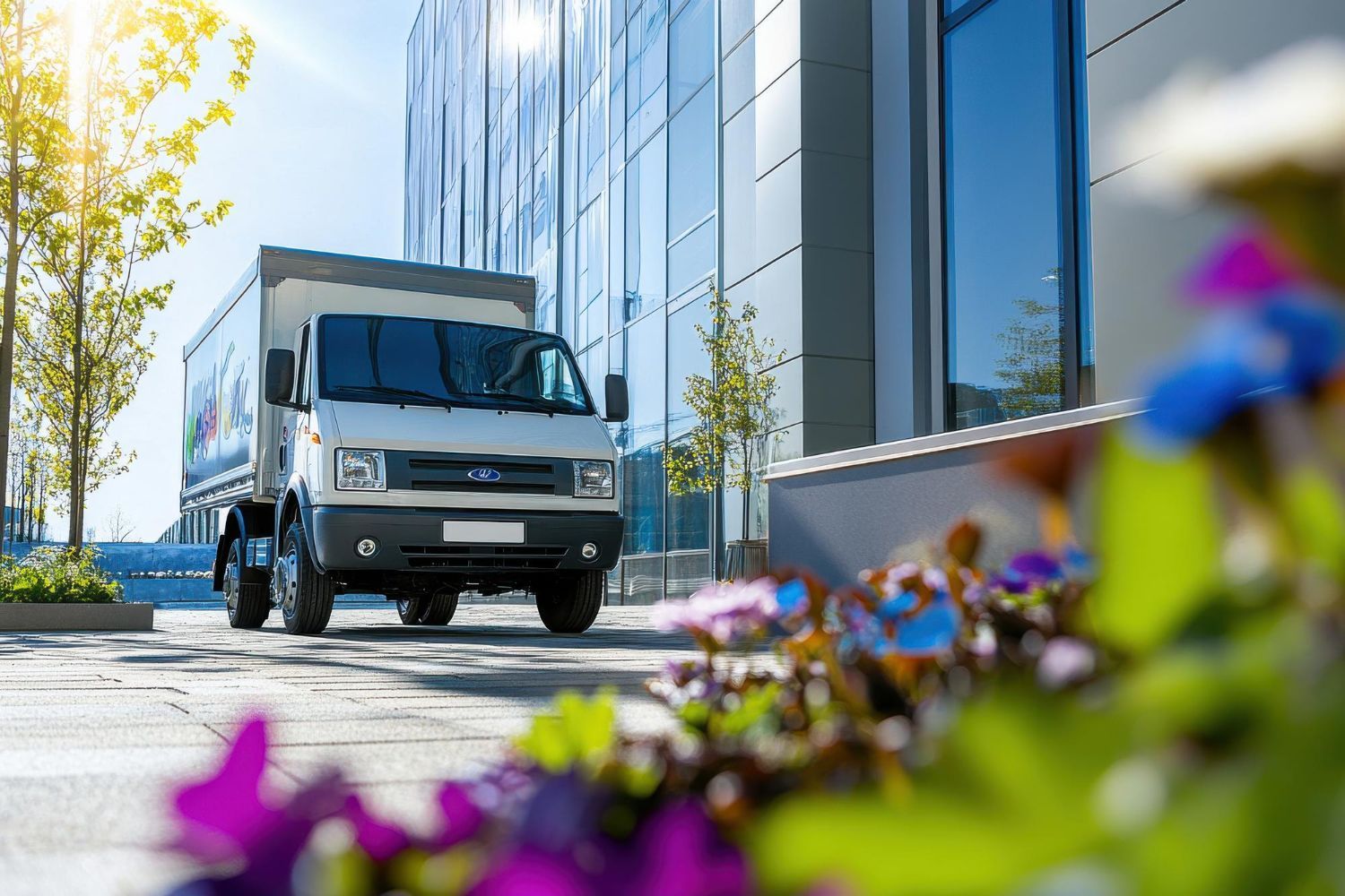 A white delivery truck parked on a paved plaza next to a modern glass building with out-of-focus flowers in the foreground.