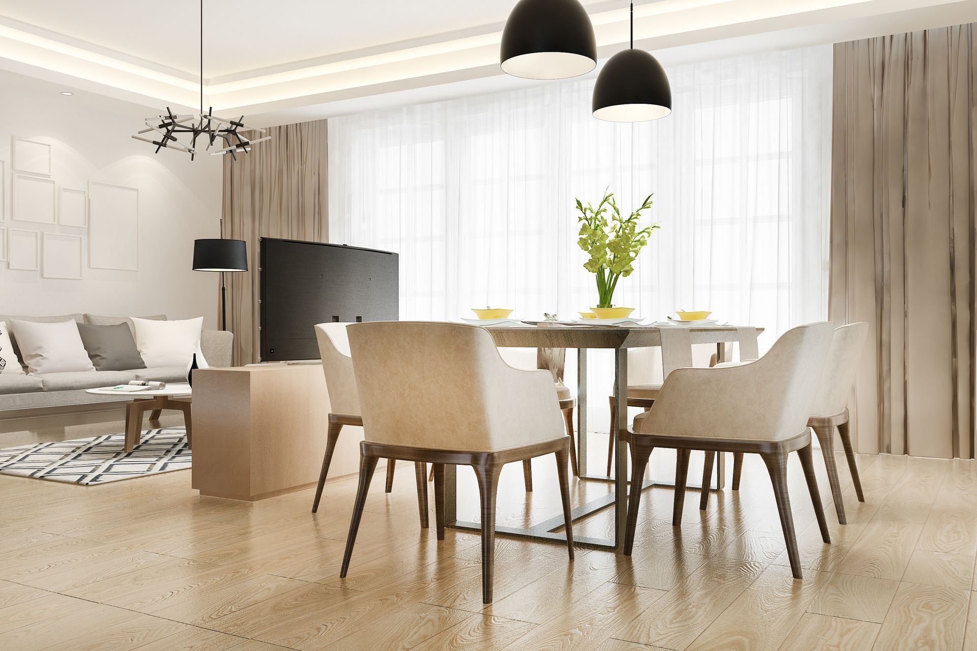 A living room with a dining table and chairs and a couch.