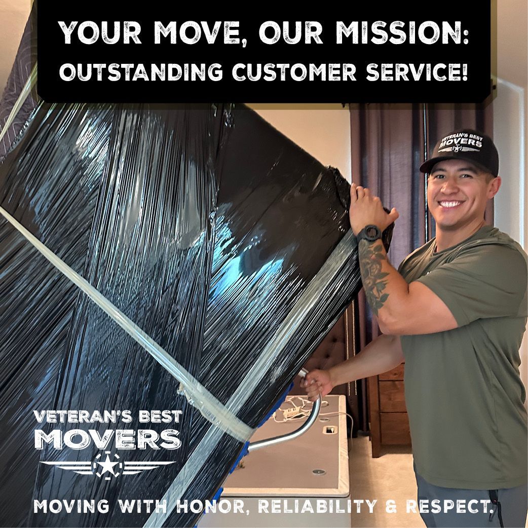 Smiling man wrapping a large object, promoting Veteran's Best Movers with slogan 