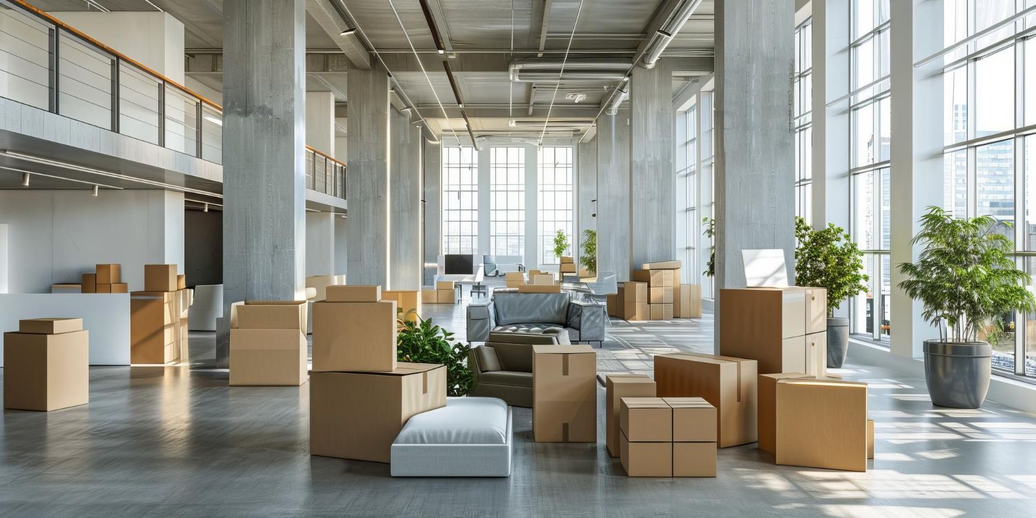 Cardboard boxes in an open office space. Large windows and tall columns.