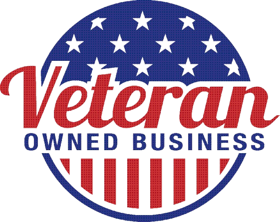 A veteran owned business logo with an american flag in the background