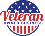 A veteran owned business logo with an american flag in the background