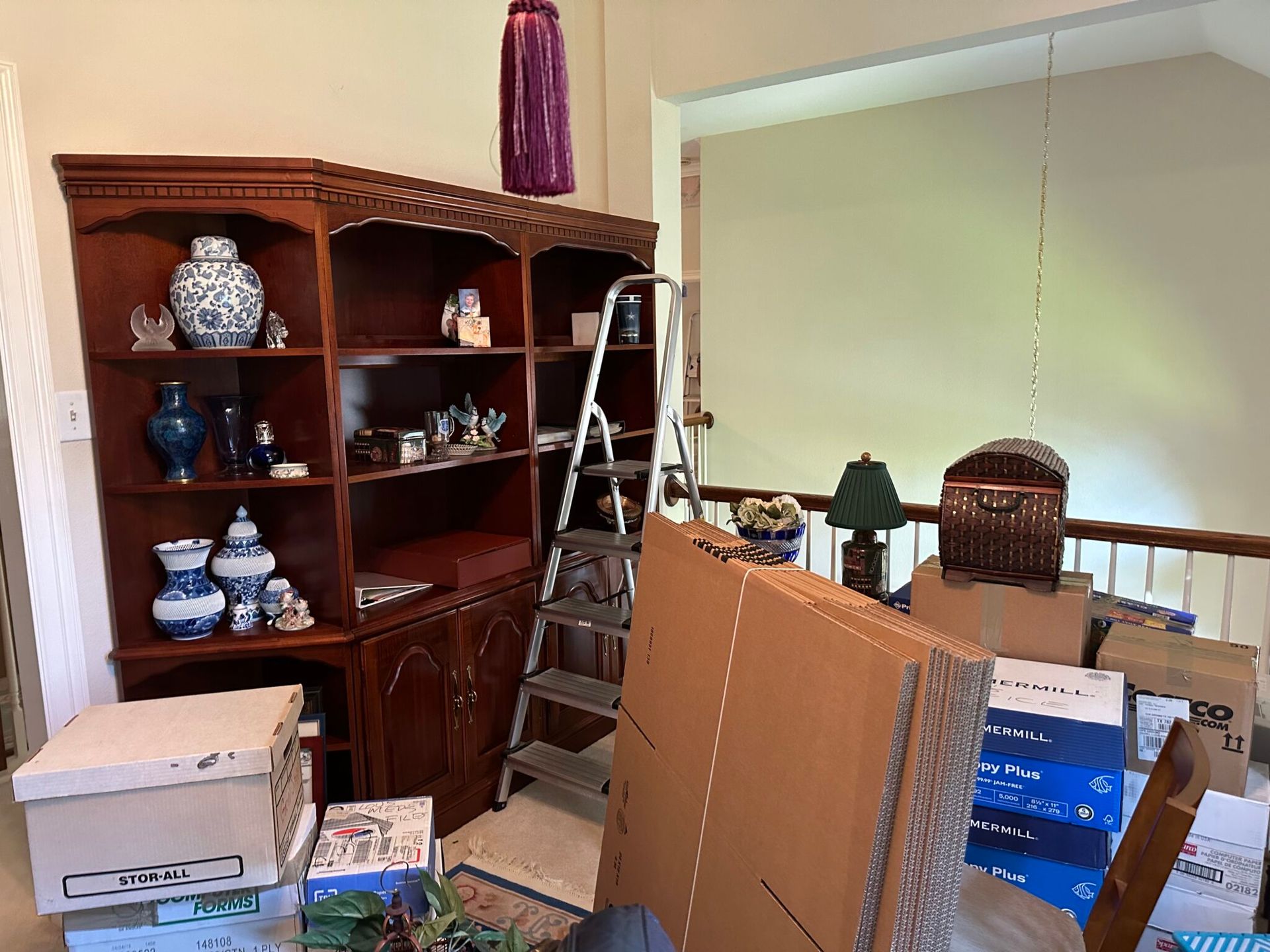 A living room filled with boxes and a ladder.