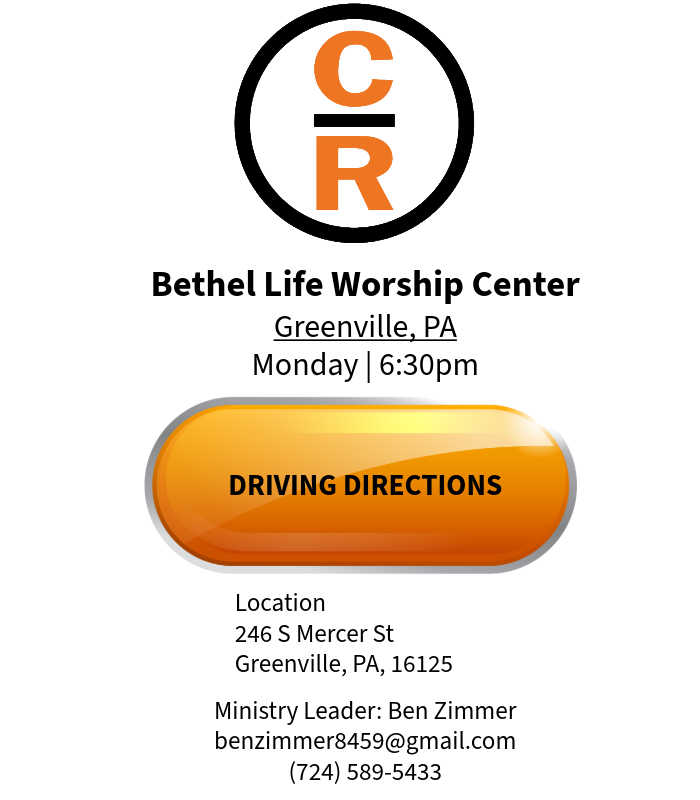 Event flyer for Bethel Life Worship Center in Greenville, PA, Mondays at 6:30pm. Contact: Ben Zimmer, 724-589-5433.
