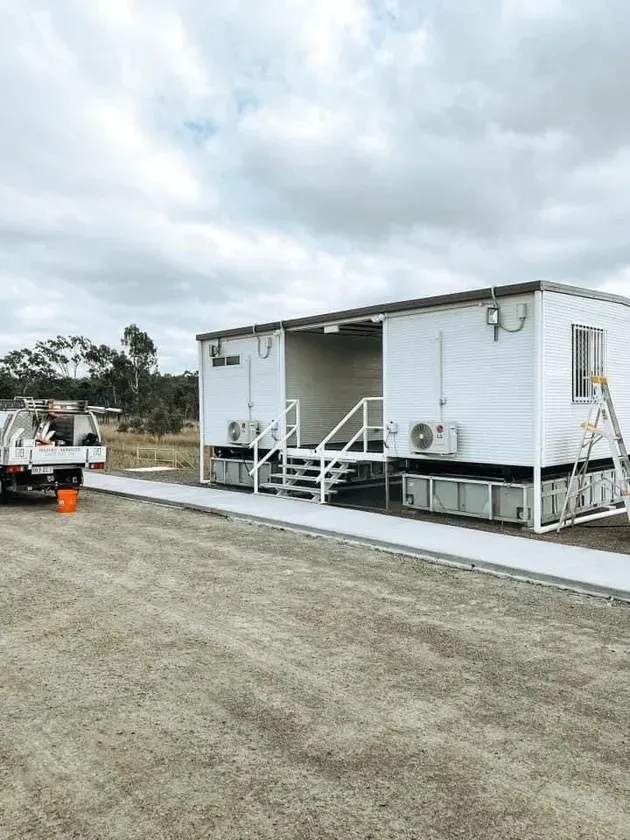 White Modular Building With Steps, Air Conditioning Units — Hazlec Services Pty Ltd in Rockyview, QLD