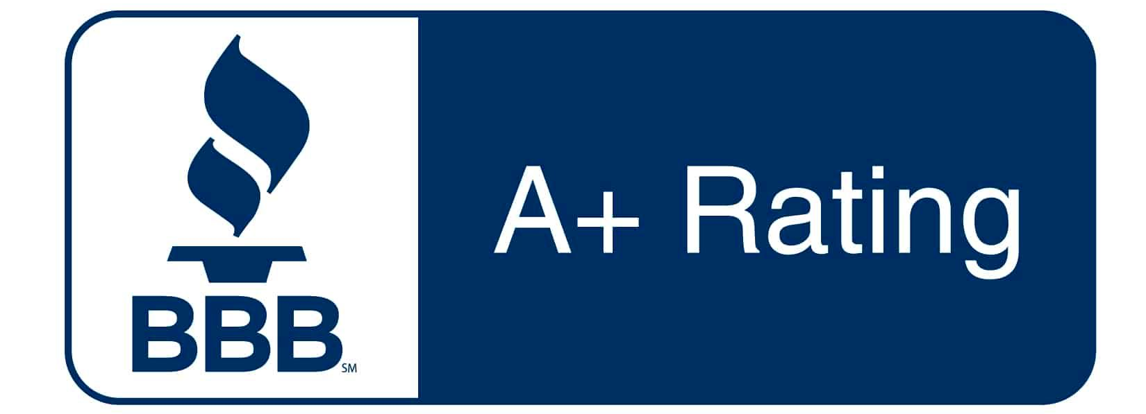 BBB A+ rating badge with blue background and white BBB logo