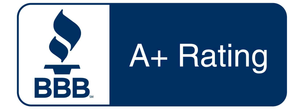 BBB A+ rating badge with blue background and white BBB logo