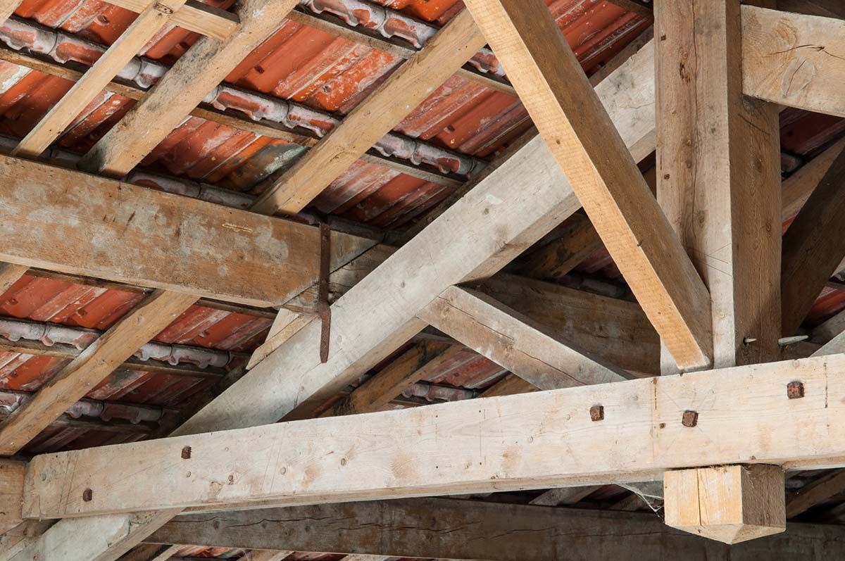 Un gros plan d'une structure en bois sous un toit de tuiles.