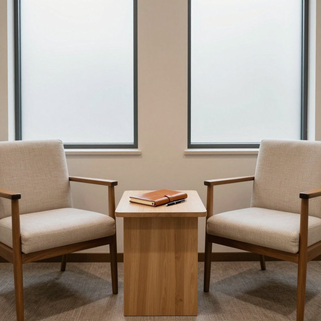 Twee fauteuils staan tegenover elkaar, met daartussen een klein tafeltje met een boek, en op de achtergrond zijn ramen met matglas te zien.