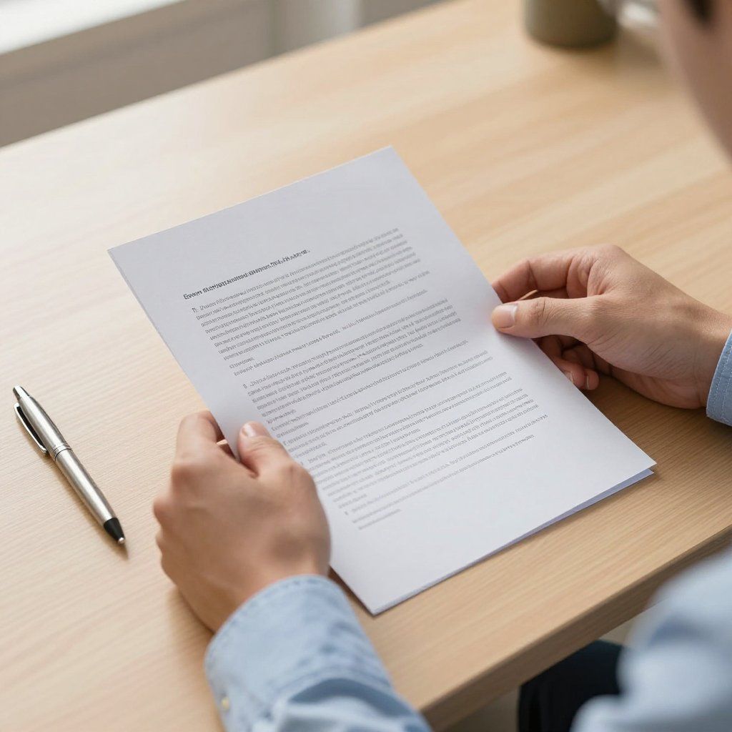 Handen houden een geprint document vast aan een houten bureau; een pen ligt ernaast.