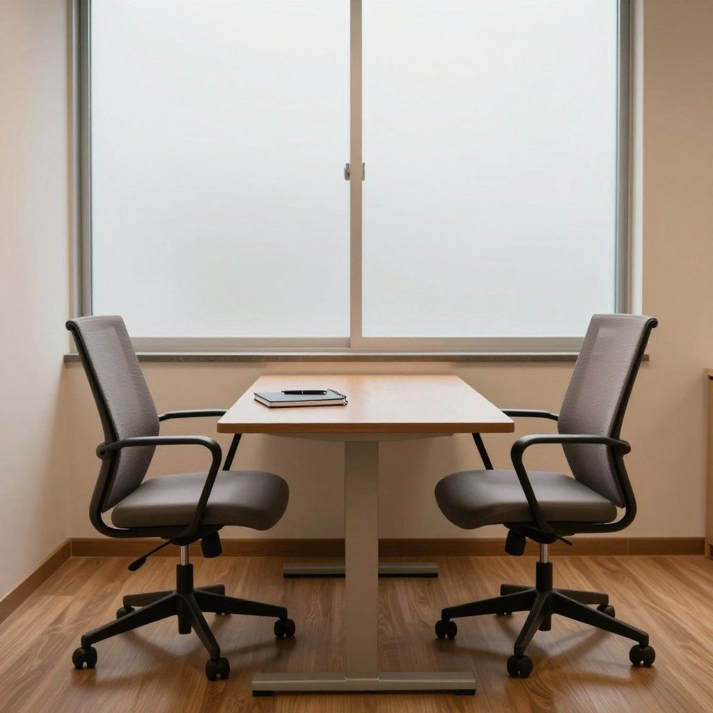 Twee grijze bureaustoelen staan tegenover elkaar aan een tafel voor een raam.