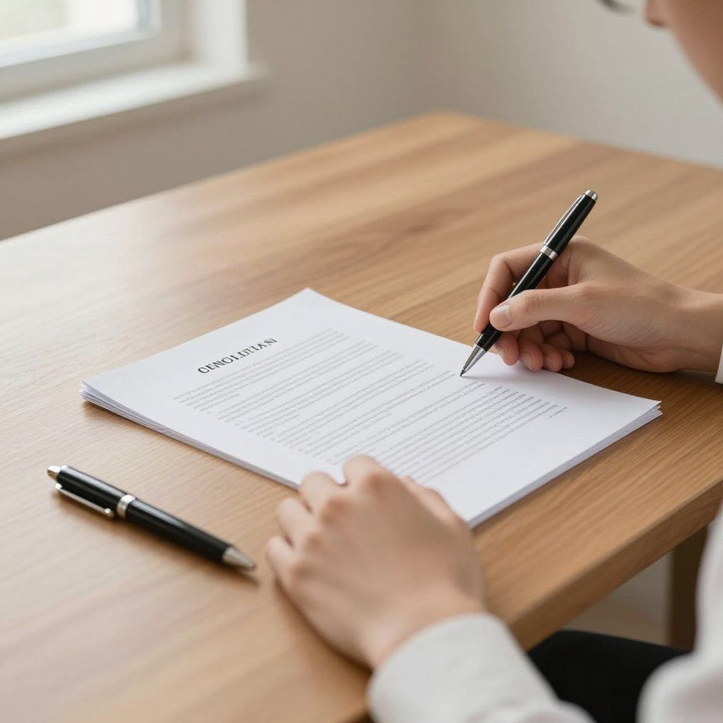 Een persoon schrijft met een pen op een document aan een houten tafel. Er ligt nog een pen op de tafel.