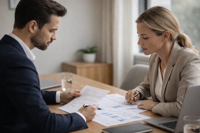 Twee personen in zakelijke kleding bekijken documenten aan een tafel, geconcentreerd en met grote aandacht.