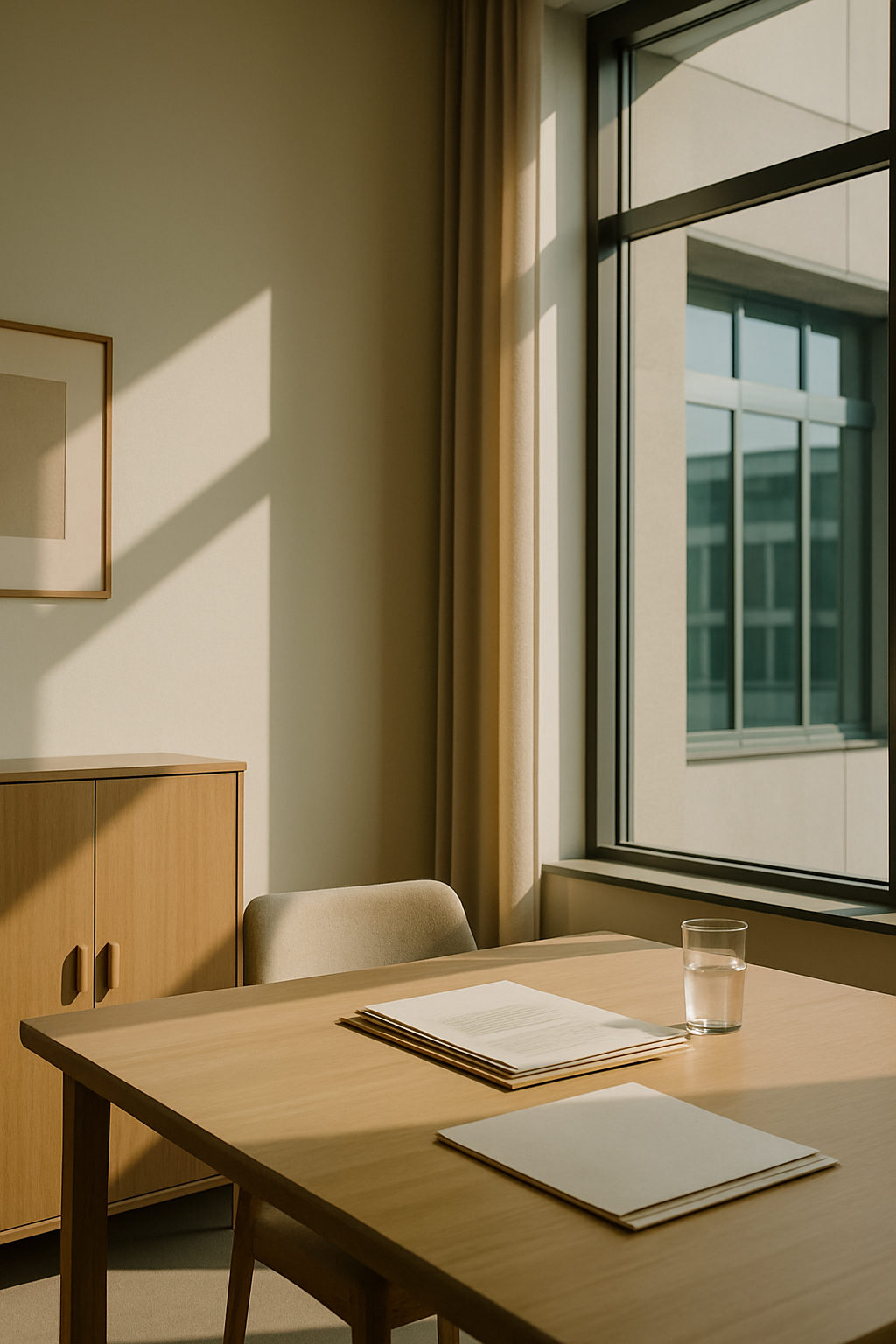 Een zonnig kantoorinterieur met een houten tafel, raam en kast. Op de tafel liggen documenten en een glas.