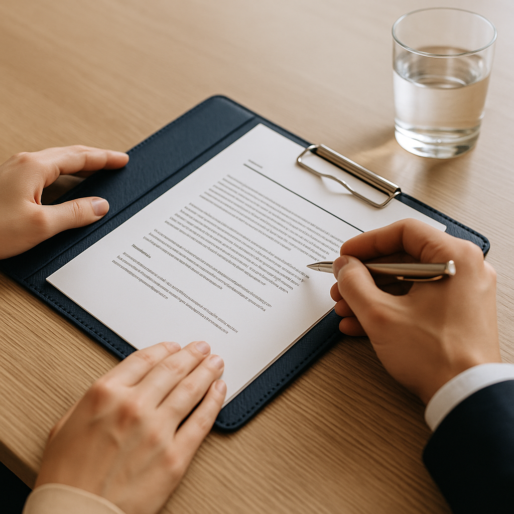 Een persoon ondertekent een document op een klembord aan een bureau, met een glas water in de buurt.