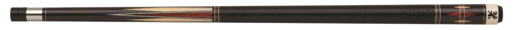 A black and brown pool cue on a white background.