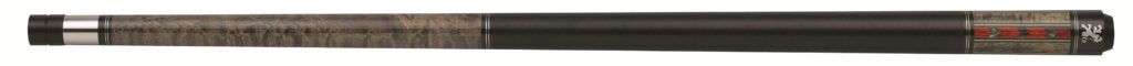 A black and silver pool cue. The grip is textured brown. The tip is visible.