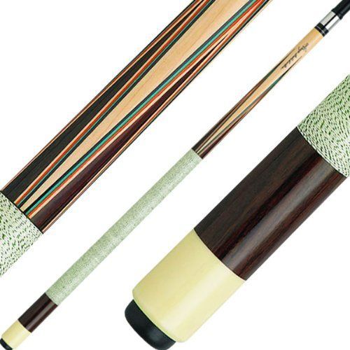 A pool cue with light green wrap, dark wood and tan accents.