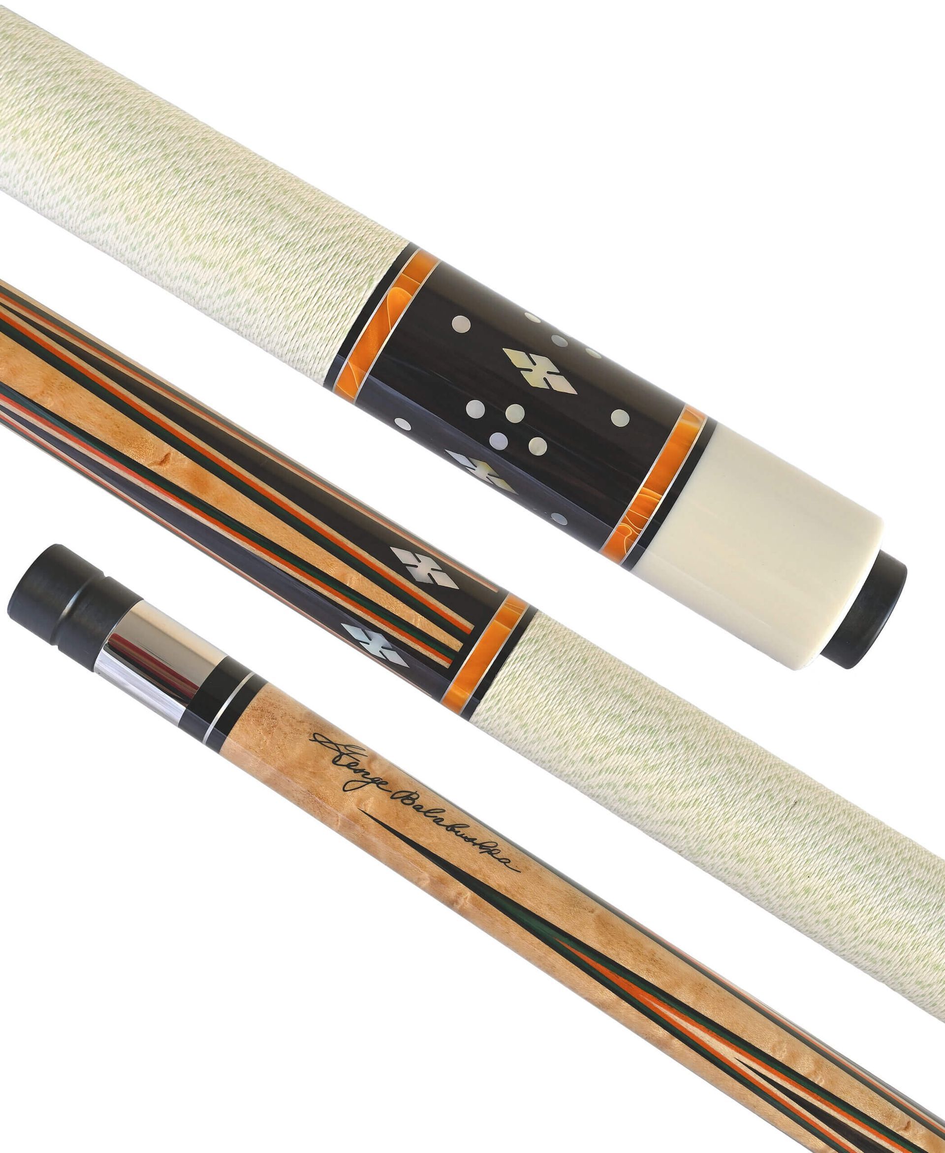 Close-up of a three-piece pool cue, showing ivory-colored grip, wooden shaft with inlaid design, and black butt.