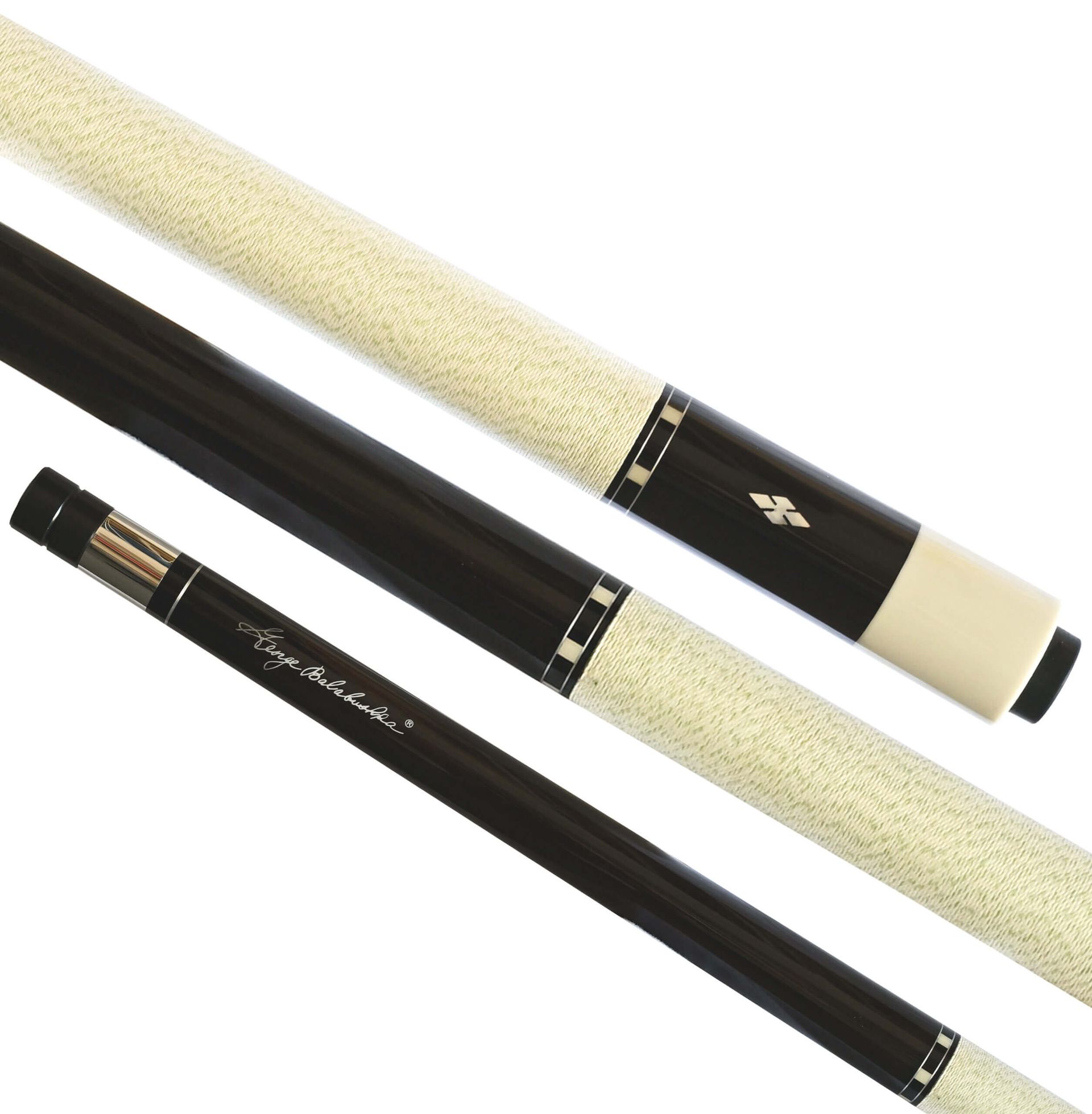 Three-piece black and white cue stick with a textured, cream-colored grip.