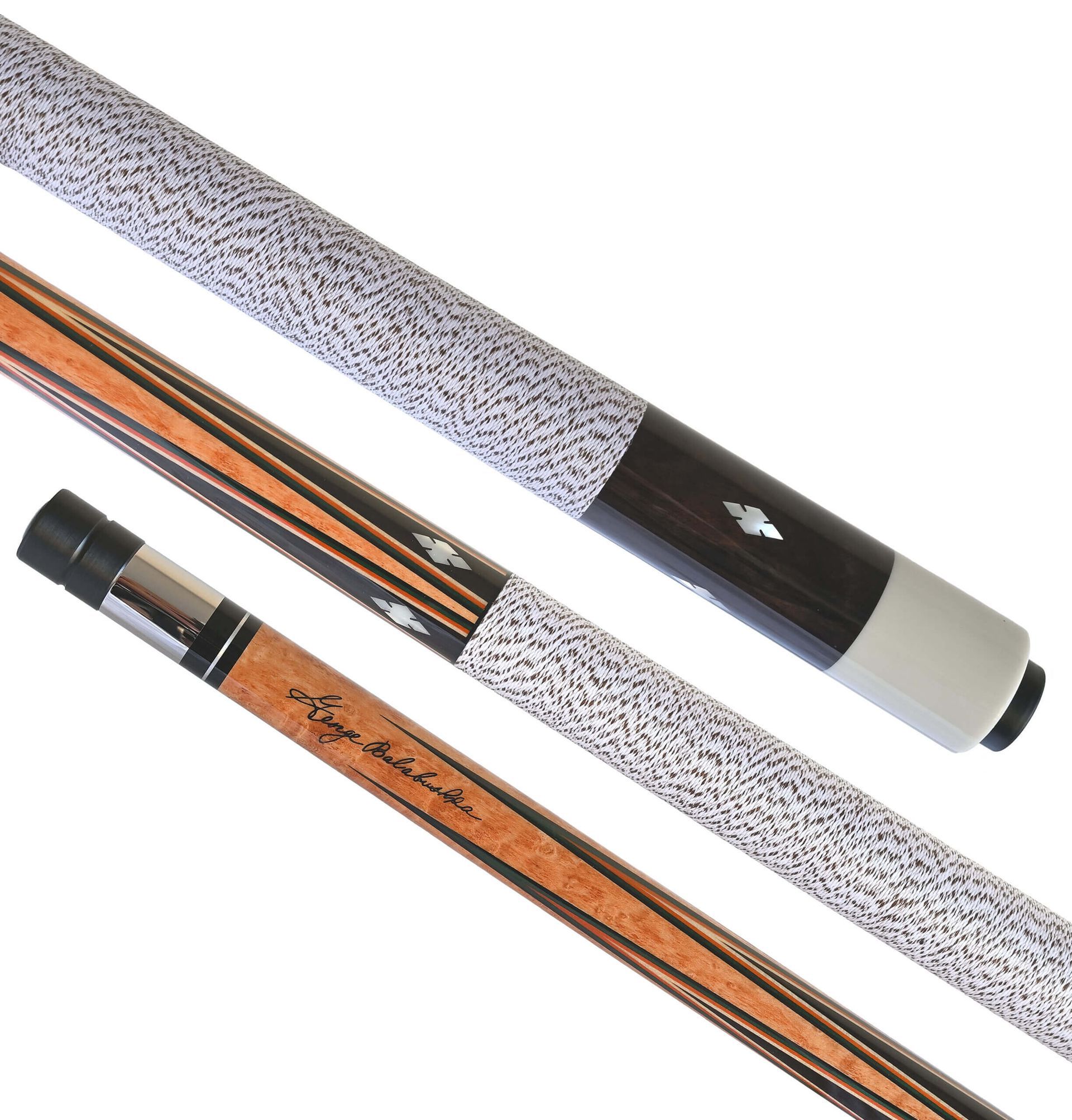 Three-piece pool cue with white speckled grip, wood shaft, and decorative inlays.