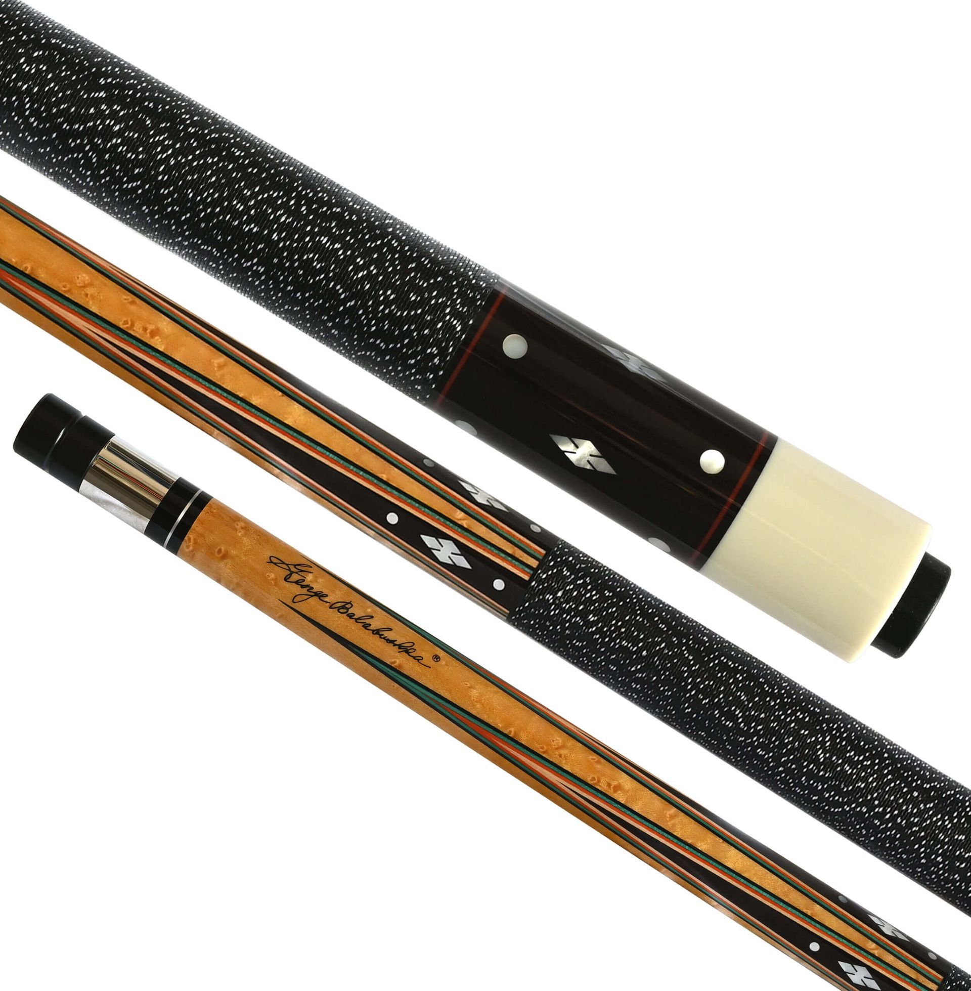 Pool cue with black, white, and brown details.