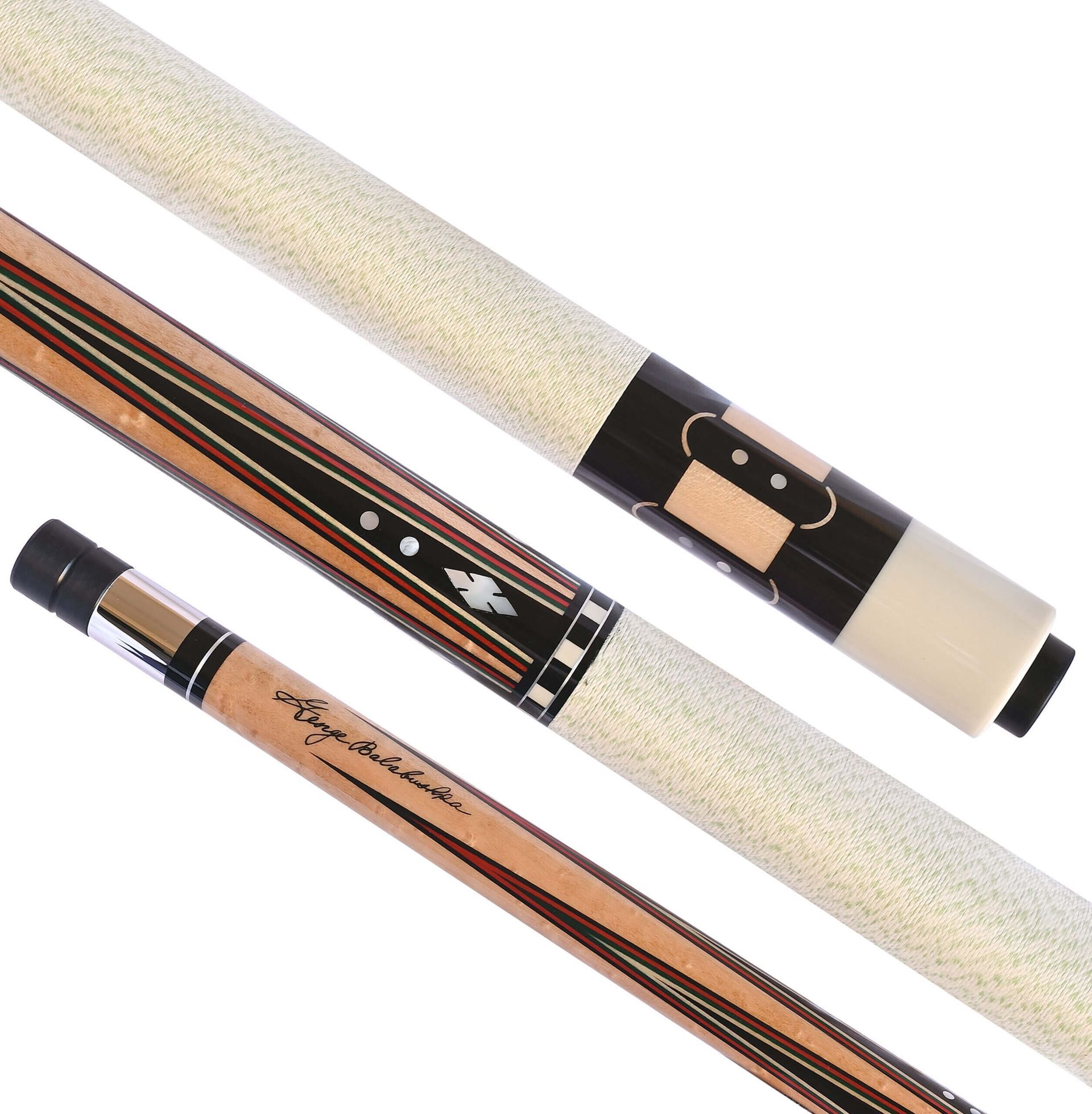 Pool cue with a black grip and wooden shaft with blue inlays.