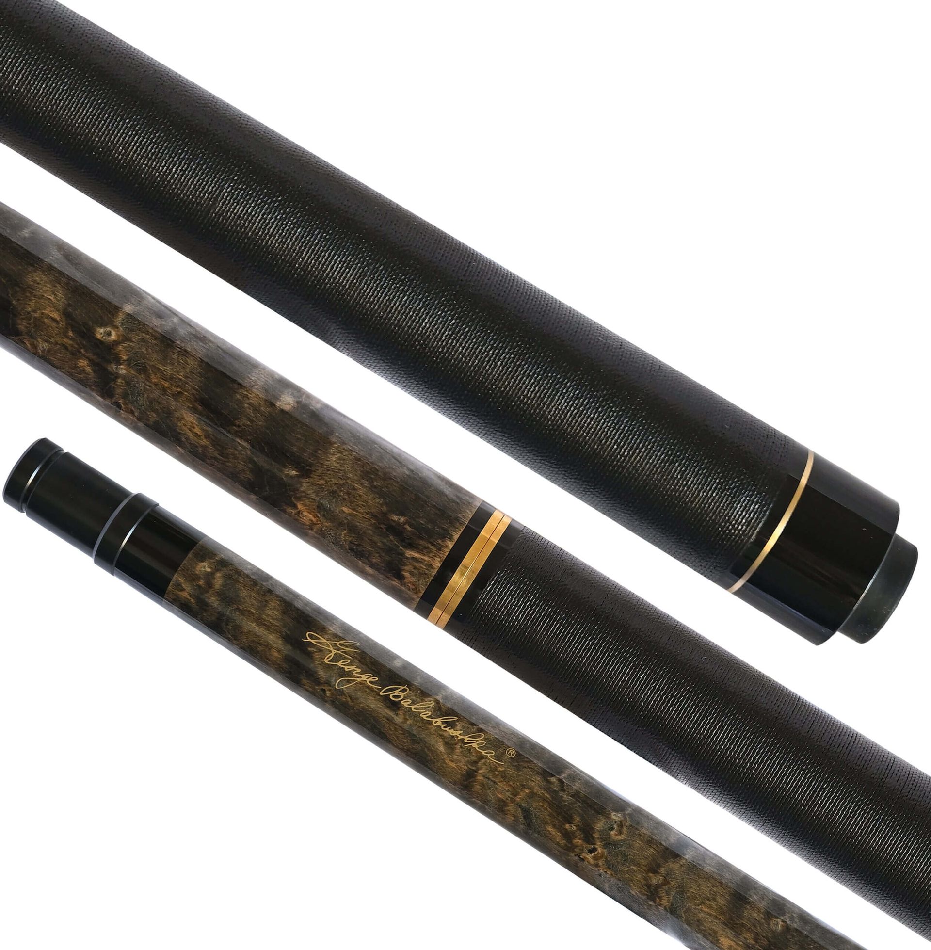 Three pool cues, black textured handles, with golden accent bands and wood grain details.
