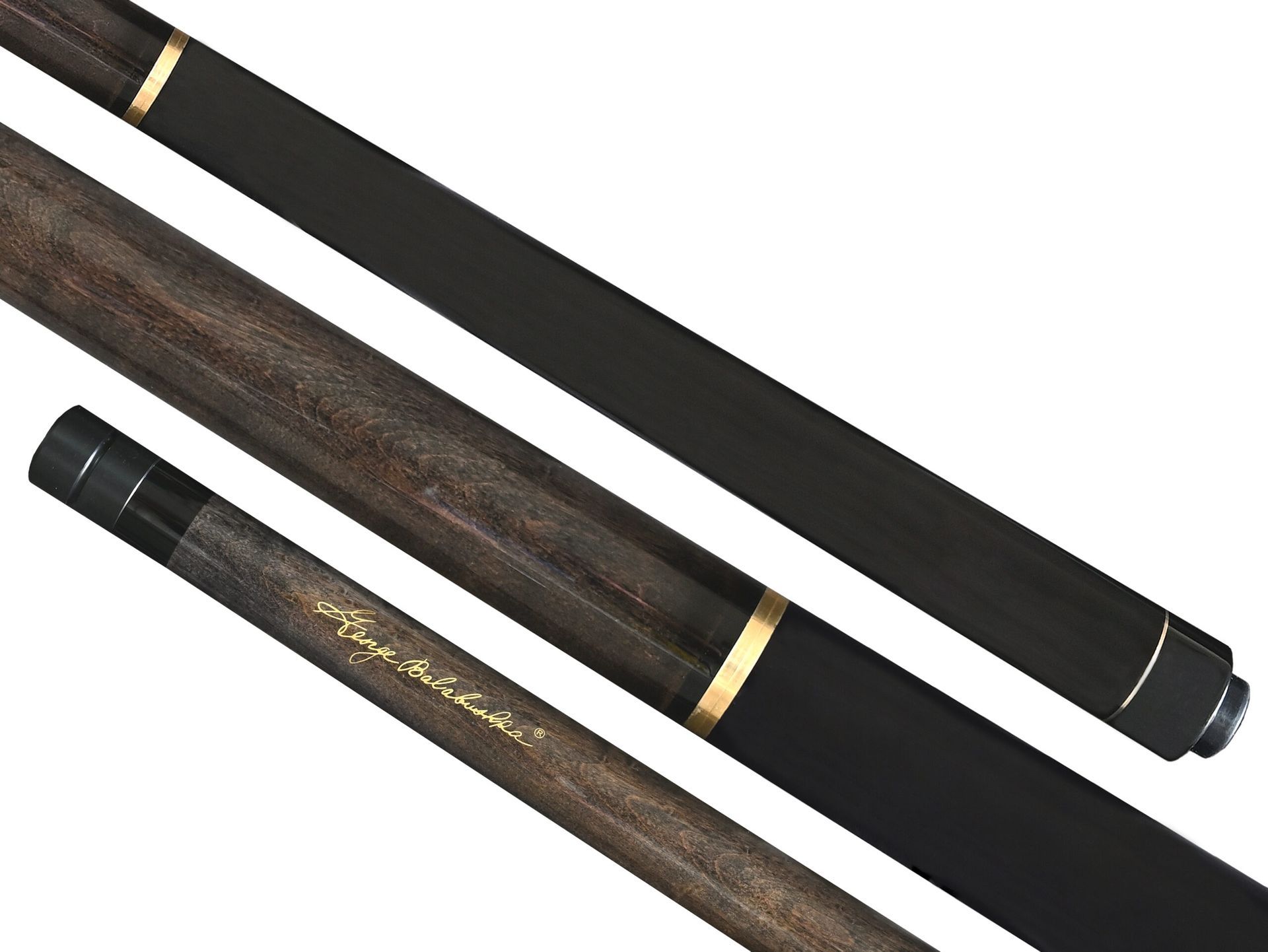 Three pool cues: a dark wood shaft, black grips, gold rings.