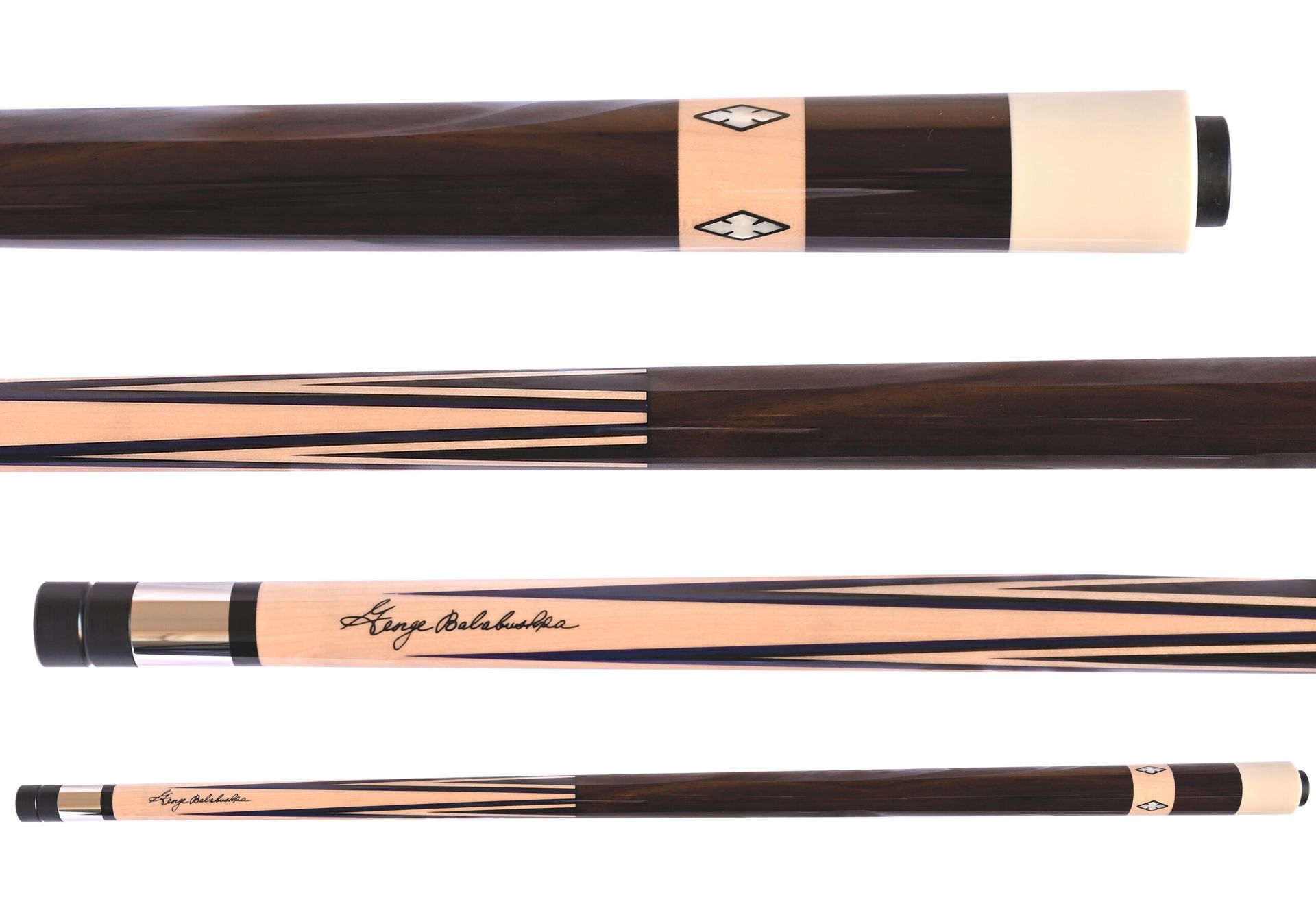 Pool cue with a black grip and wooden shaft with blue inlays.