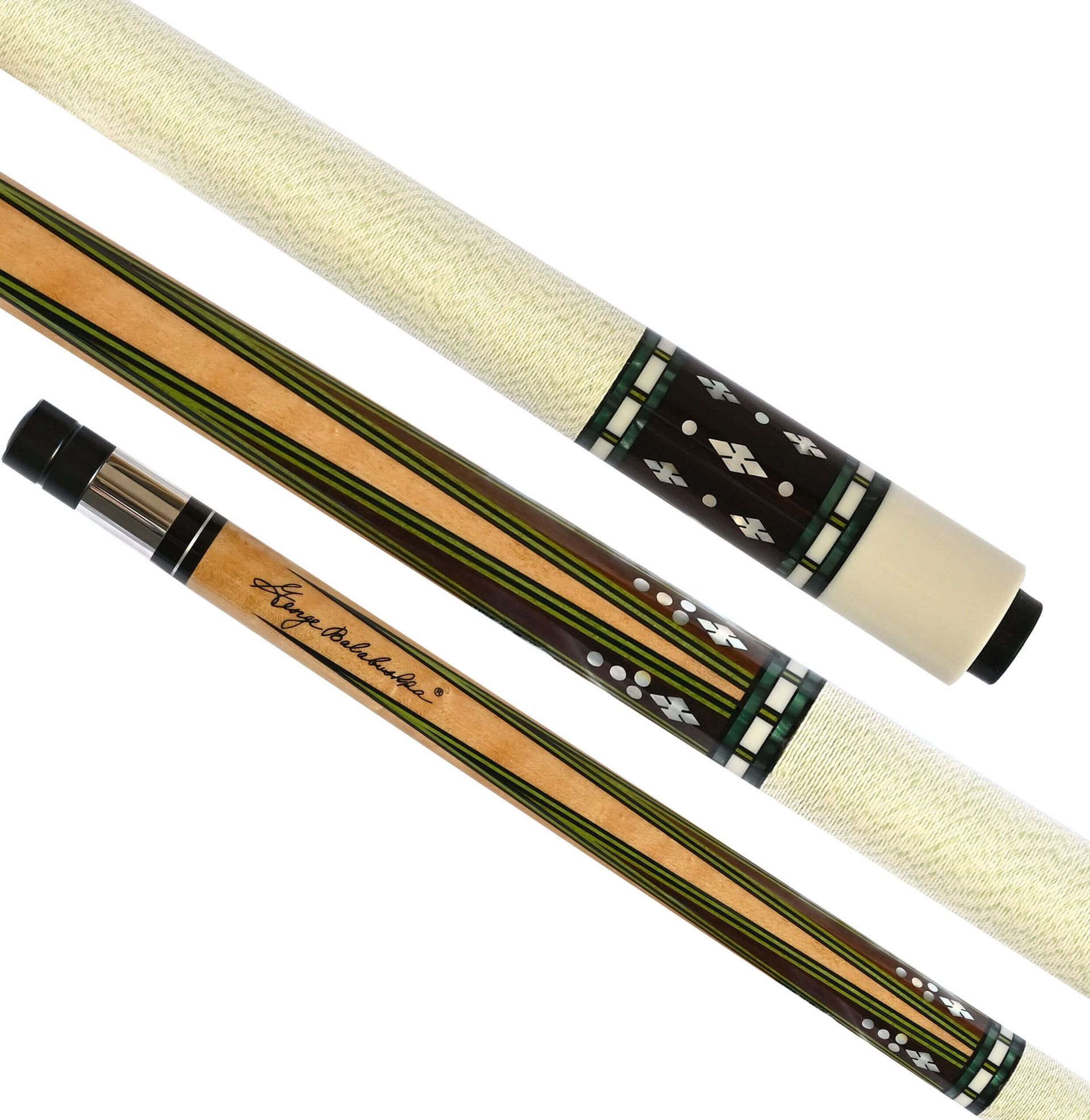 Pool cue with tan and green design and white grip.