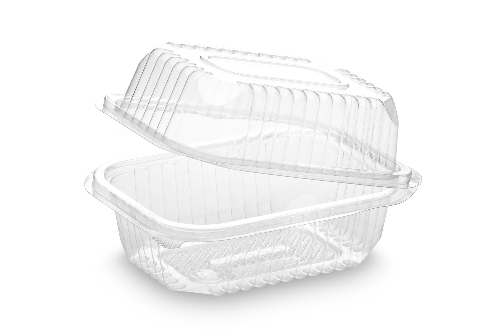 Transparent food container on white backdrop, representing plastic clamshell packaging. Transparent food container on white backdrop, representing plastic clamshell packaging.