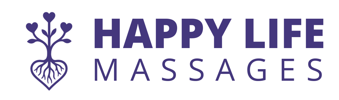 Logo for Happy Life Massages, with purple text and a heart tree graphic.