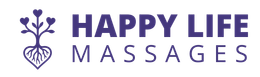 Logo for Happy Life Massages, with purple text and a heart tree graphic.