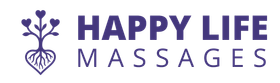 Logo for Happy Life Massages, with purple text and a heart tree graphic.