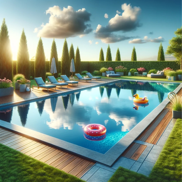 Swimming pool with lounge chairs, floats, and manicured landscaping under a blue sky.