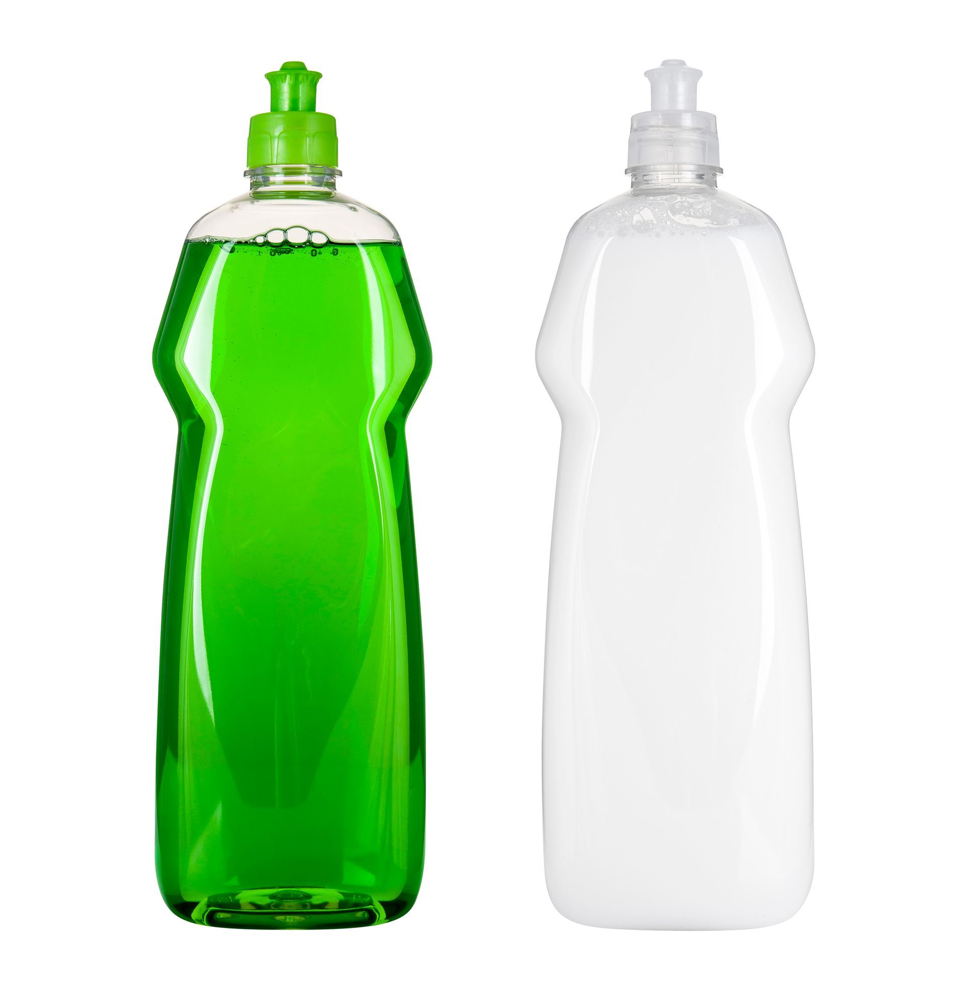 Dos botellas de jabón para platos, una verde y otra blanca.