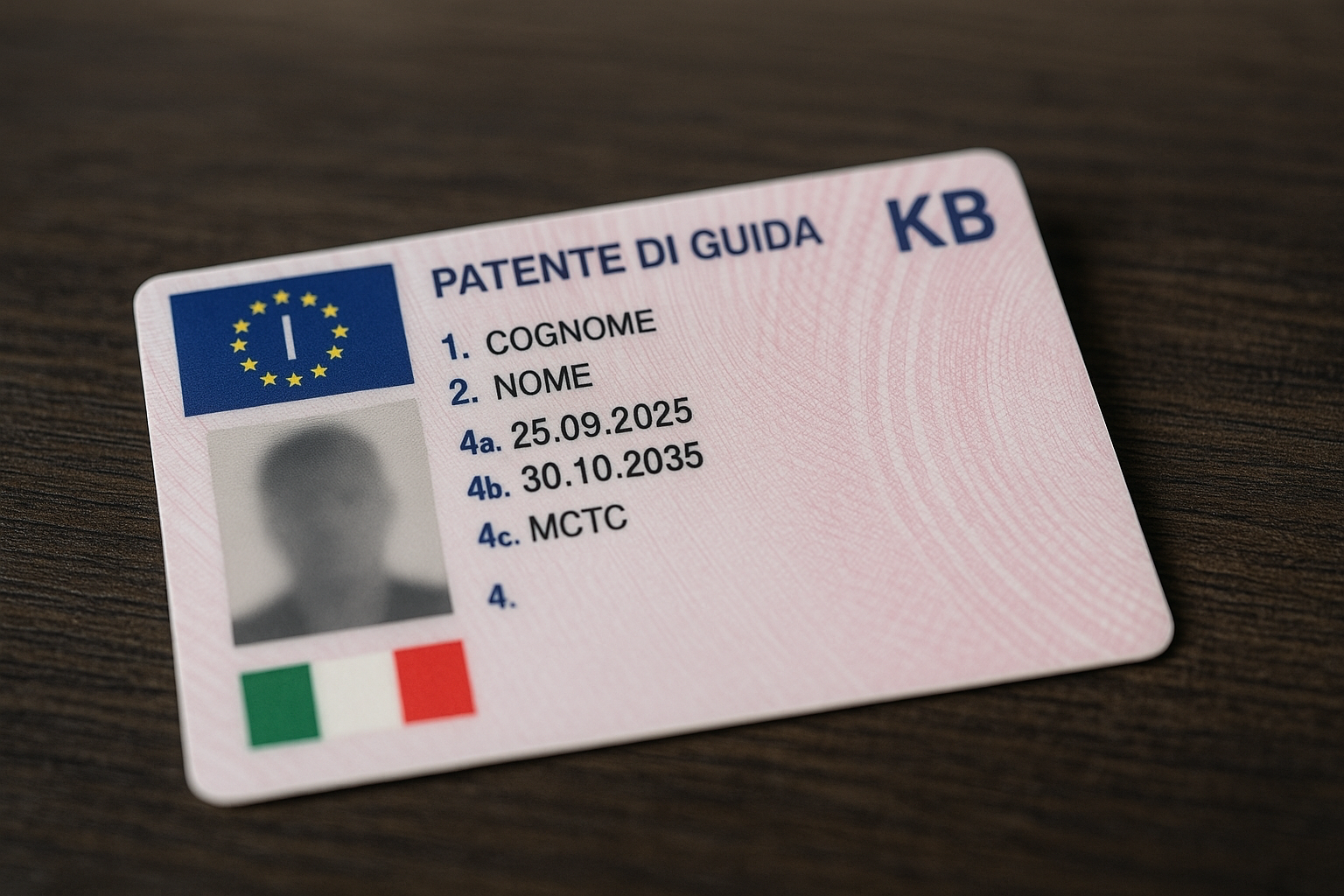 A close up of a patente di guida kb card