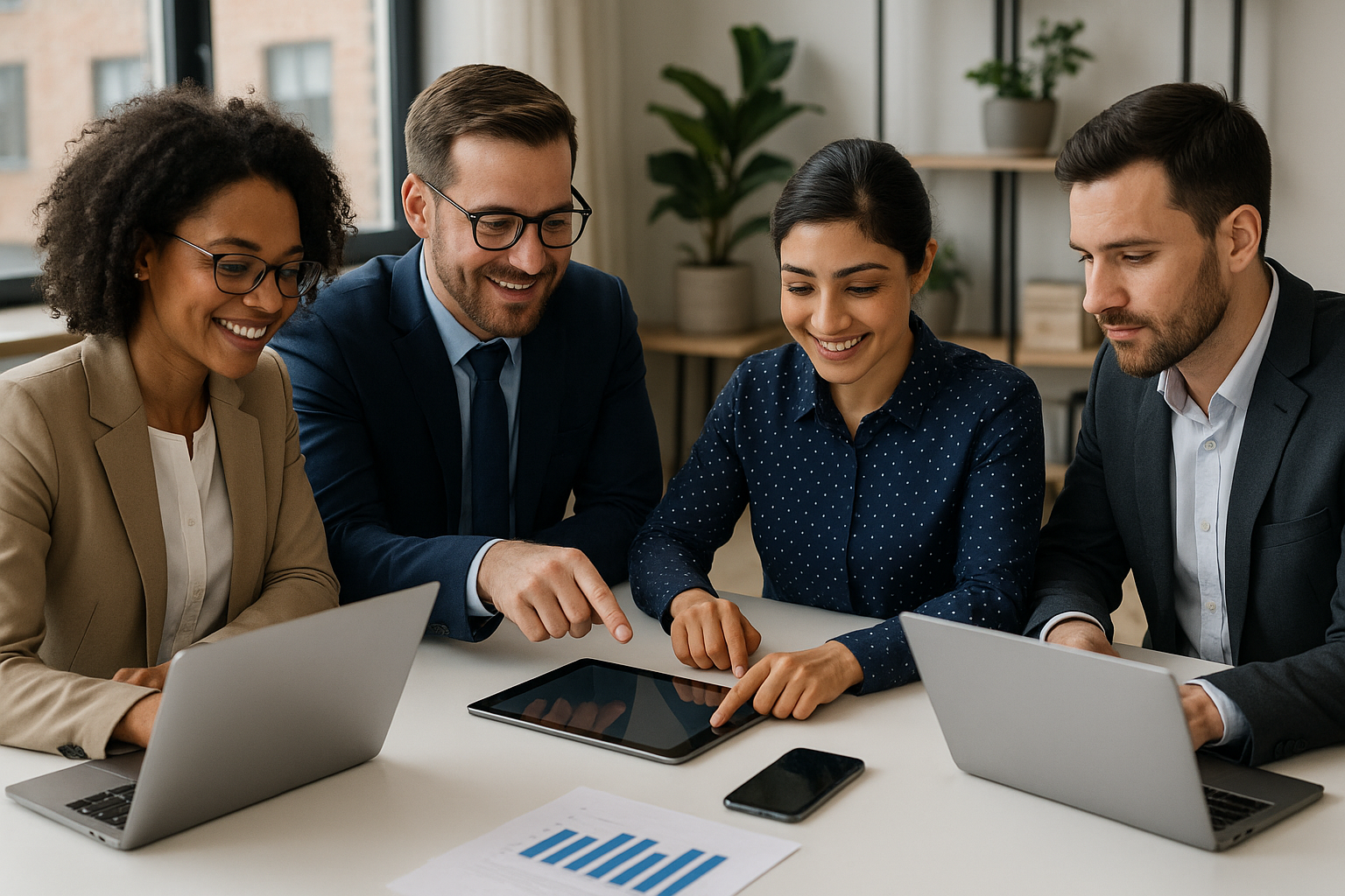 AI image of a group of people working and looking at one screen in the middle.