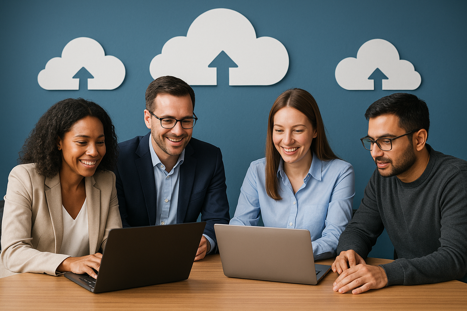 AI image of colleagues working on laptops with cloud icons in the background