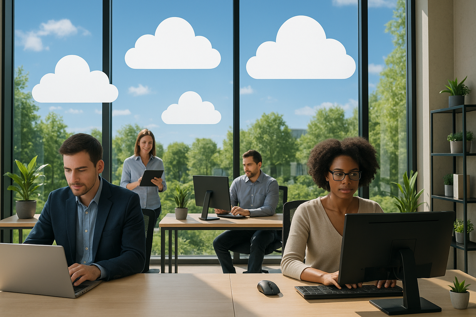 AI image of workers in an open office on computers.