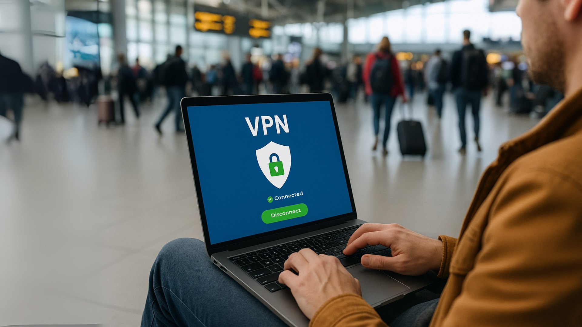 Someone using a laptop at an airport with a VPN connected screen showing. 